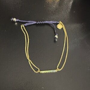 Stella & Dot Gold Tone Bracelet with Adjustable Blue Cord and Bar with Crystals